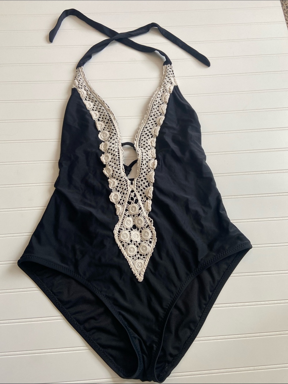 Mossimo Supply Co. Black‎ Swimsuit with Cream Crochet Floral Trim Size L